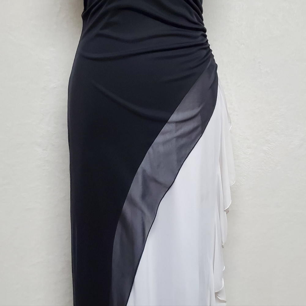 𝅺VINTAGE 1990s Taboo Black White Ruffle Asymmetrical Backless Halter Maxi Dress - Picture 6 of 16